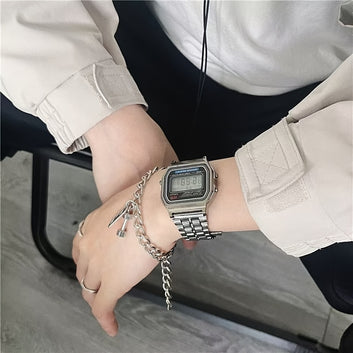 Men’s Silver Stainless Steel Digital Watch with Square Dial + Gift Bracelet