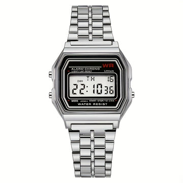 Men’s Silver Stainless Steel Digital Watch with Square Dial + Gift Bracelet